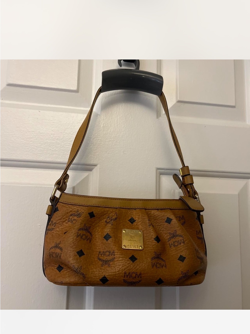MCM Visetos Small Shoulder Bag in Cognac/Tan